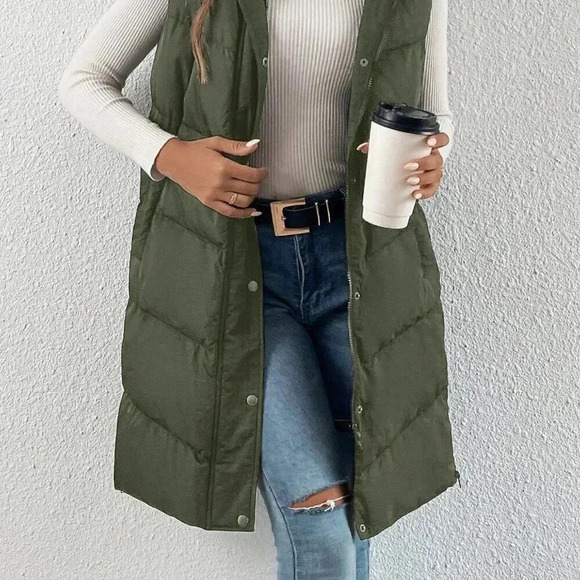 Army Green Casual Women's Zip Up Slant Pocket Sleeveless Hooded Padded Coat - Picture 2 of 4